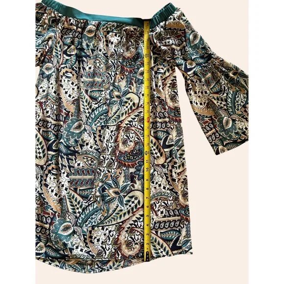 NWOT New Glam American Made Off-Shoulder Boho Print Dress Bell Sleeves Size S - Picture 9 of 9